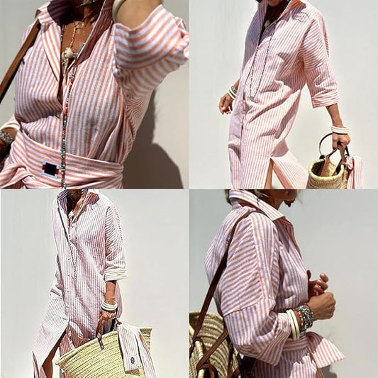 Classic Striped Lace-Up Shirt Dress